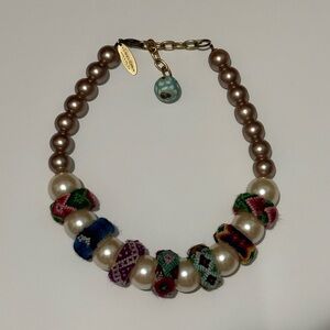 Lenora Dame Faux Pearl Statement Necklace Embroidered Rings